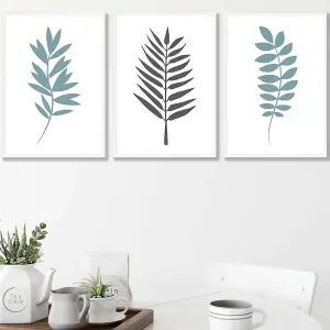 Set of 3 Graphical Blue Grey Leaves Wall Art Prints / 42x59cm (A2) / White Frame