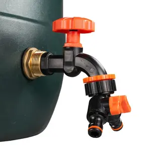 Water Butt Replacement Tap BRASS Metal Lever UK Bib Outlet Barb Quick Hosepipes Black tap + valved splitter  1"