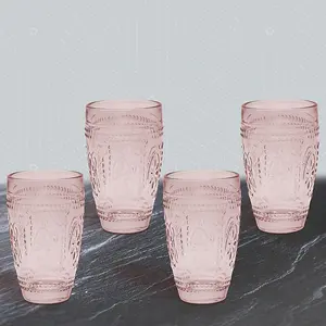 Tumbler Glasses Pink 4-Set Embossed Design Bar Liquor Martini Glass Drinkware