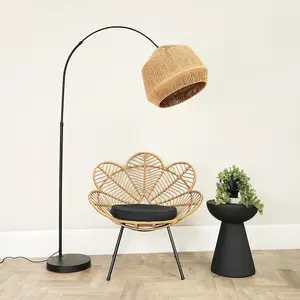 ValueLights Louis Black Arched Curved Floor Lamp with Natural Rope Pendant Lamp Shade and LED Bulb