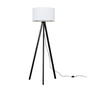 ValueLights Barbro Modern Black Wood Tripod Design Floor Lamp with White Drum Shade - Includes 6w LED GLS Bulb 3000K Warm White