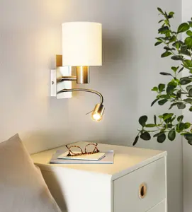 EGLO Pasteri White/Satin Nickel Metal & Fabric Wall Light - Integrated LED Reading Light (D) 15cm