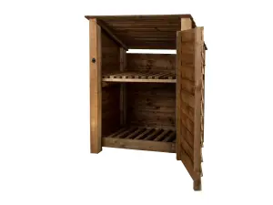 Wooden log store (roof sloping back) with door and kindling shelf W-99cm, H-126cm, D-88cm - brown finish