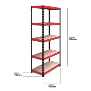 RB BOSS Garage Shelving Units FastLok 5 Shelf MDF Red & Black Powder Coated Steel (H)1800mm (W)900mm (D)450mm