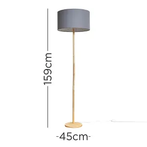 ValueLights Triston Single Stem Natural Light Wood Floor Lamp with Dark Grey Drum Shade