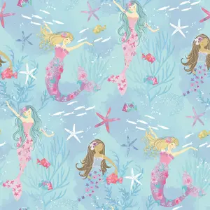 Galerie Tiny Tots 2 Turquoise Hot Pink Glitter Mermaids Smooth Wallpaper