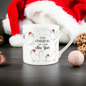 Purely Home Cat Christmas Mug - Festive Novelty Xmas Gift - Bone China Tea/Coffee Cup