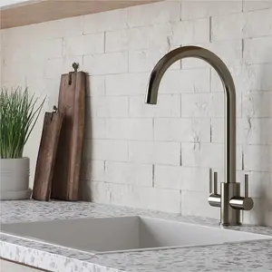 Liquida AD395BS Swan Neck Twin Lever Kitchen Mixer Tap In Brushed Steel