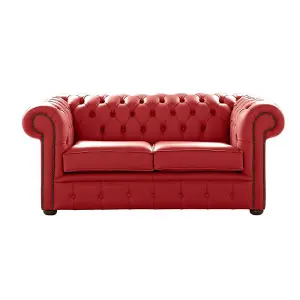 Chesterfield 2 Seater Shelly Poppy Red Leather Sofa Settee Bespoke In Classic Style