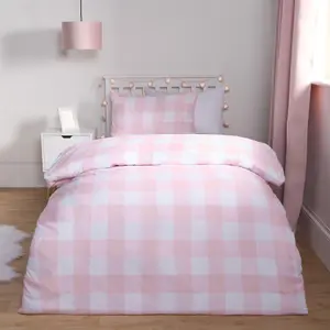 Gingham Duvet Cover Bedding Quilt Pillowcase Set Check Reversible, Pink - Single