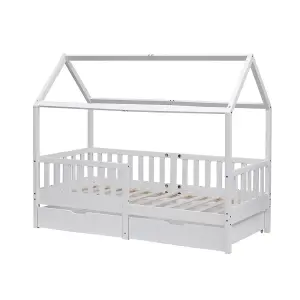 FurnitureHMD Wooden Kids Bed Frame,Solid Pine Wood,3 FT Single House Bed Frame,Chidren Floor Bed with Two Drawers