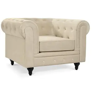 Velvet Chesterfield Arm Chair - Cream