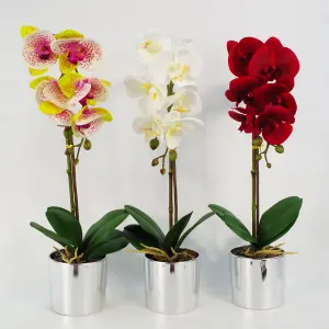 46cm Artificial Orchid Red with Silver Pot