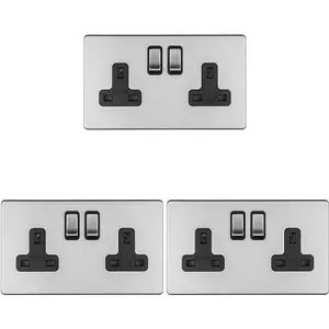 3 PACK 2 Gang DP 13A Switched UK Plug Socket SCREWLESS SATIN STEEL Wall Power