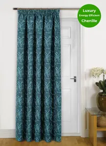 Home Curtains Georgia Chenille Fully Lined Floral 65w x 84d" (165x213cm) Teal Pencil Pleat Door Curtain