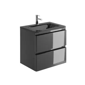 Marvel 600mm Wall Hung Bathroom Vanity Unit in Dark Grey Gloss with Grey Glass Basin