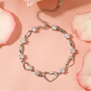 Trendy Sterling Silver Bracelet For Women With Heart Shaped Charm & Stones