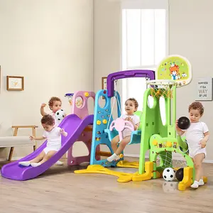 COSTWAY 6 in 1 Kids Slide Swing Set Climbing Slide Playset W/ Basketball & Soccer Goal