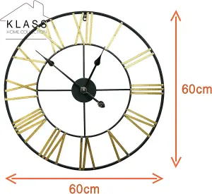 60cm Black & Gold Metal Roman Numerals Large Analog Wall Clock Indoor & Outdoor, Silent Non-Ticking