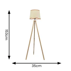 ValueLights Barbro Light Wood Tripod Floor Lamp with Natural Linen Scallop Rust Edge Shade