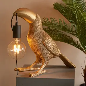 2 PACK Vintage Gold Toucan Table Light - Resin Figure - Matt Black Lamp Holder