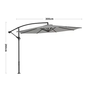 3M Large Rotatable Garden Sun Shade Cantilever Parasol Patio Hanging Banana Umbrella Crank Tilt No Base, Light Grey