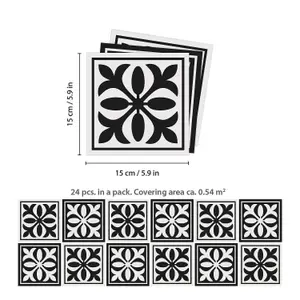 24 Pieces 15x15cm Emma Monocromatic Black Victorian Tile Stickers