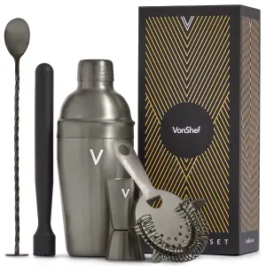 VonShef Cocktail Shaker Set Brushed Graphite - 550ml Manhattan Shaker 5pc Home Bar Set with Strainer, Muddler, Jigger & Gift Box