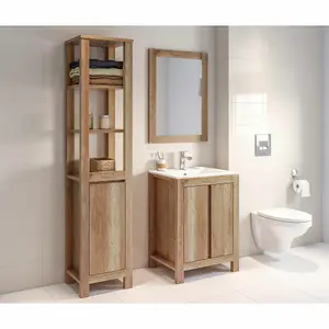 Bathroom Tall Cabinet Floor Cupboard Slimline Tallboy Shelf Unit Classic Oak Effect