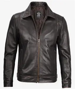 Brown Vintage Leather Jacket - Mens Shirt Collar Leather Jacket