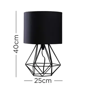 ValueLights Angus Modern Black Metal Basket Cage Bed Side Table Lamp with Black Fabric Shade with LED Golfball Bulb In Warm White