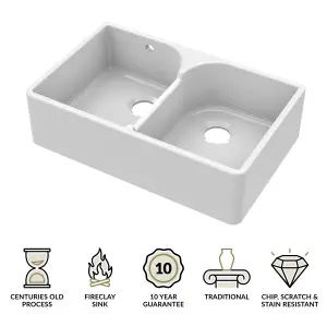 795mm - Fireclay Double Bowl Stepped Weir Butler Kitchen Sink - with Overflow