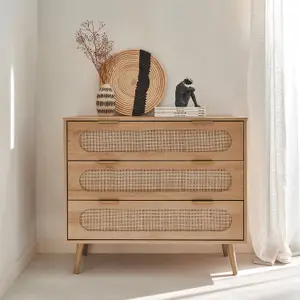 sweeek. 3-drawer chest with wood and rounded cane rattan Eva Natural 90x39x79 cm