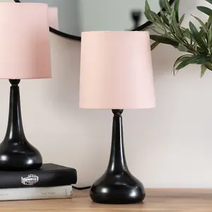 Pair - Black Teardrop Touch Dimmer Table Lamps with Blush Pink Shade for Bedside Table Bedroom Light - LED Bulbs Included