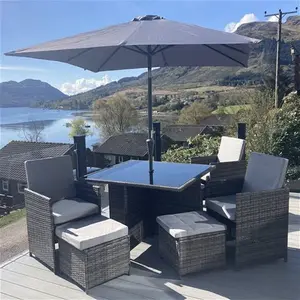 8 Seater Rattan Cube Outdoor Dining Set With Grey Parasol - Grey Weave