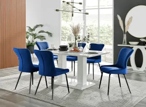 Imperia White High Gloss 6 Seater Dining Table with Structural 2 Plinth Column Legs 6 Blue Velvet Black Leg Nora Chairs