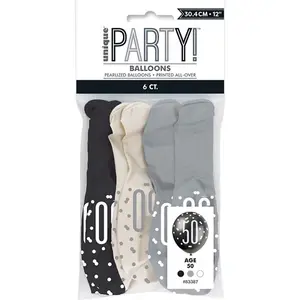 Unique Party Age 50 Glitz Latex Balloons (5 x Pack of 6) Black (One Size)