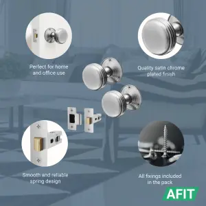 AFIT Lined Door Knob Set Satin Chrome - 1 Pair of Mortice Knobs (55mm) & Latch (76mm) for Internal Doors