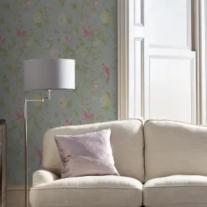 Laura Ashley Summer Duck egg Floral Smooth Wallpaper Sample