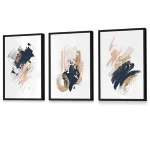 Set of 3 Navy, Pink and Gold Prints of Abstract Oil Paintings Wall Art Prints / 42x59cm (A2) / Black Frame