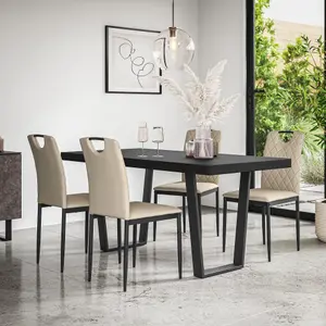 Aria Dining Table And Chairs -  Black Table Top w Black Legs + Monza Faux Leather Dining Chair Set Of 4 (Beige)