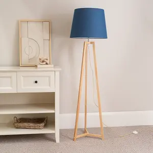 ValueLights Lottie Natural Wood Tripod Floor Lamp with Navy Blue Tapered Shade