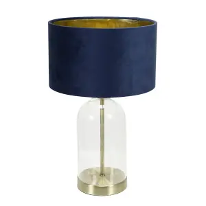 ValueLights Jessy Glass with Gold Trim Table Lamp with Navy Blue Velvet with Gold Inner Lamp Shade and LED Bulb