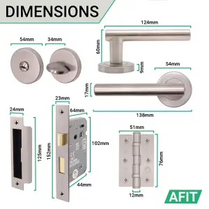 AFIT Satin Nickel Bathroom Door Handle Set - Pack of 2 - Lock & Hinges (76mm) Olvera Range