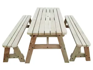 Victoria wooden picnic bench and table set, rounded outdoor dining set (8ft, Natural finish)