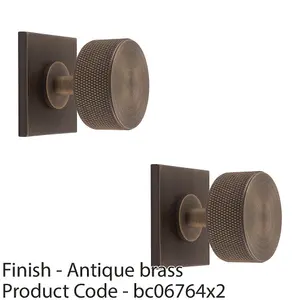 2 PACK - Knurled Radio Cabinet Door Knob & Matching Backplate - Antique Brass 40 x 40mm