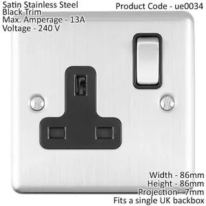 1 Gang Single UK Plug Socket SATIN STEEL 13A Switched Black Trim Power Outlet