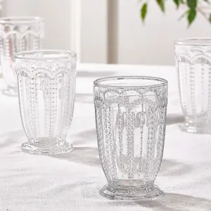 Set of 6 Vintage Luxury Clear Embossed Drinking Tall Tumbler Glasses 340ml