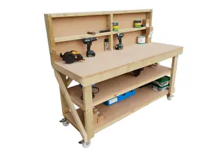 MDF top workbench (H-90cm, D-70cm, L-180cm) with back panel, double shelf and wheels