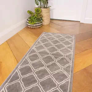 Grey Bordered Geometric Trellis Runner Rug 60x240cm